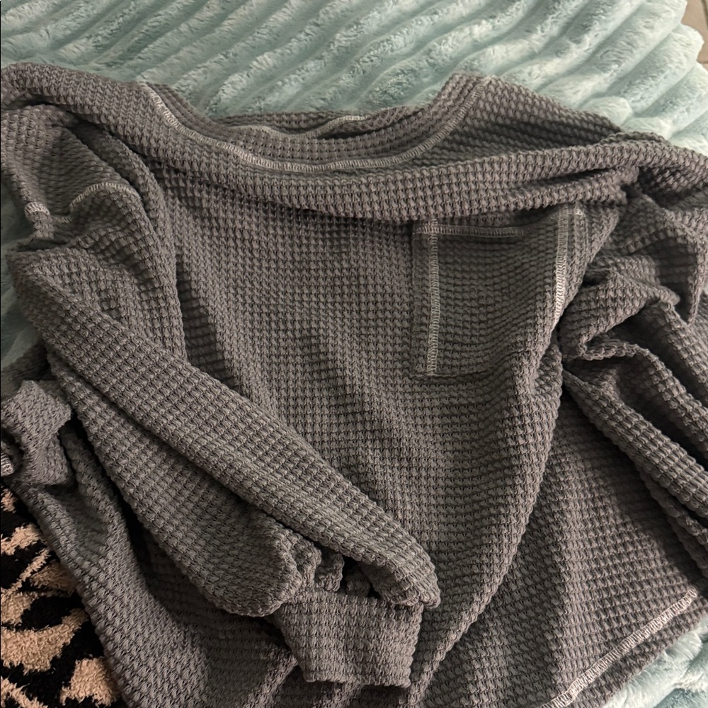 Gray Waffle Knit Long Sleeve Top
